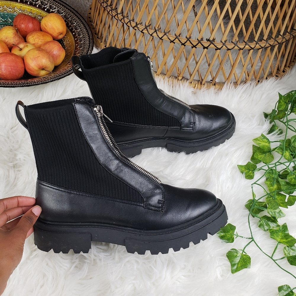 Steve Madden front zipper sweater and leather combat boot